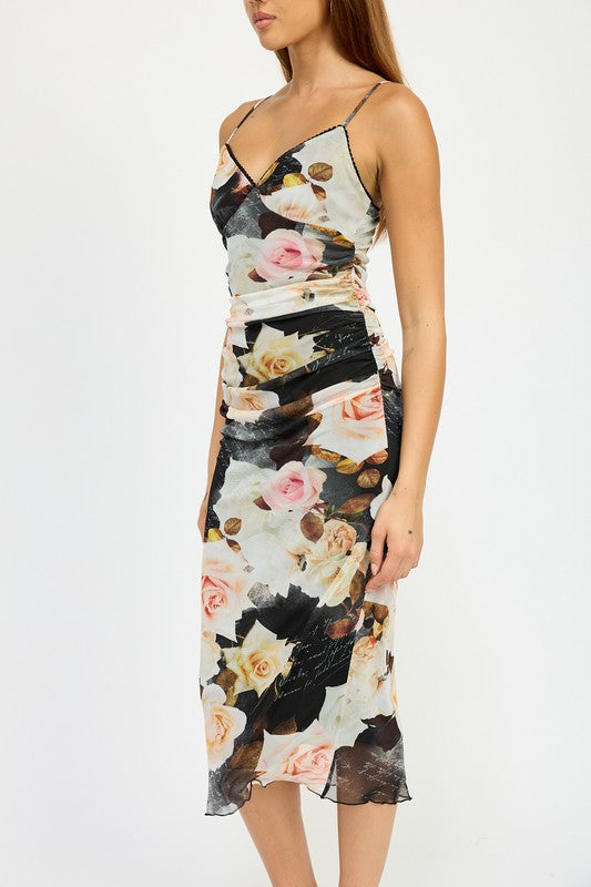 Floral Print Ruched Midi V-Neck Dress
