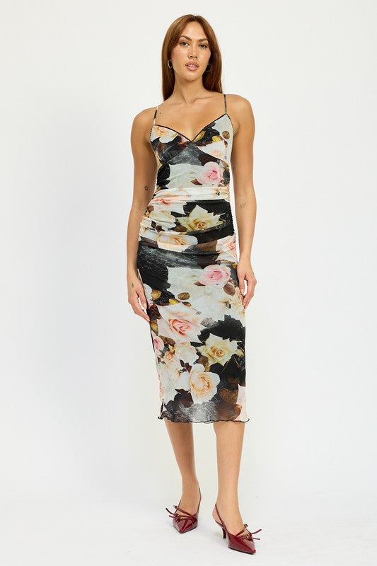 Floral Print Ruched Midi V-Neck Dress