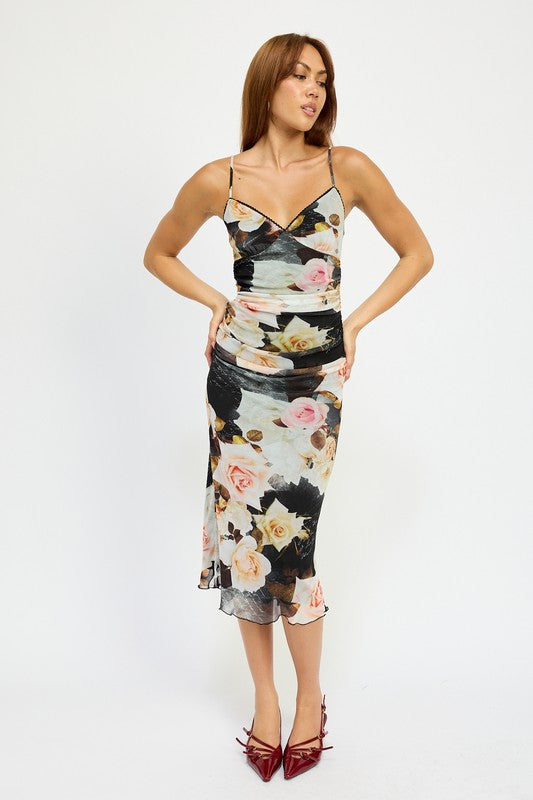 Floral Print Ruched Midi V-Neck Dress