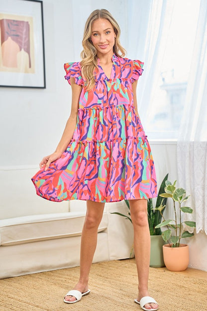 Printed Ruffle Cap Sleeve Tiered Dress