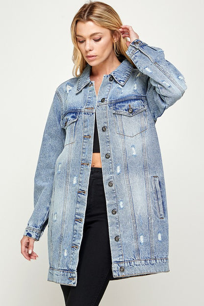 Distressed 3/4 Sleeve Denim Jacket