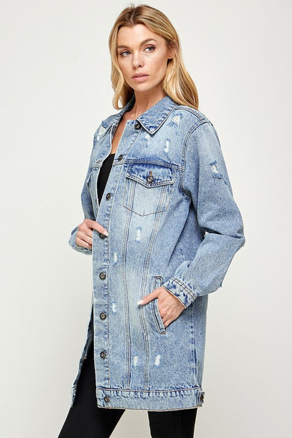 Distressed 3/4 Sleeve Denim Jacket