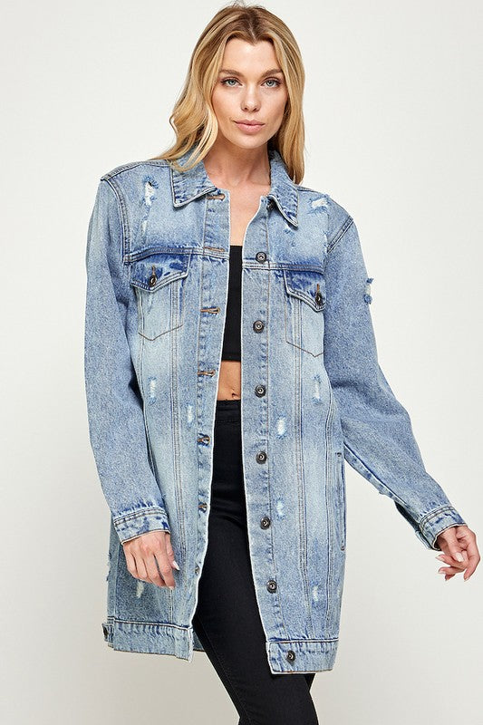 Distressed 3/4 Sleeve Denim Jacket