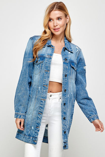 Distressed 3/4 Sleeve Denim Jacket