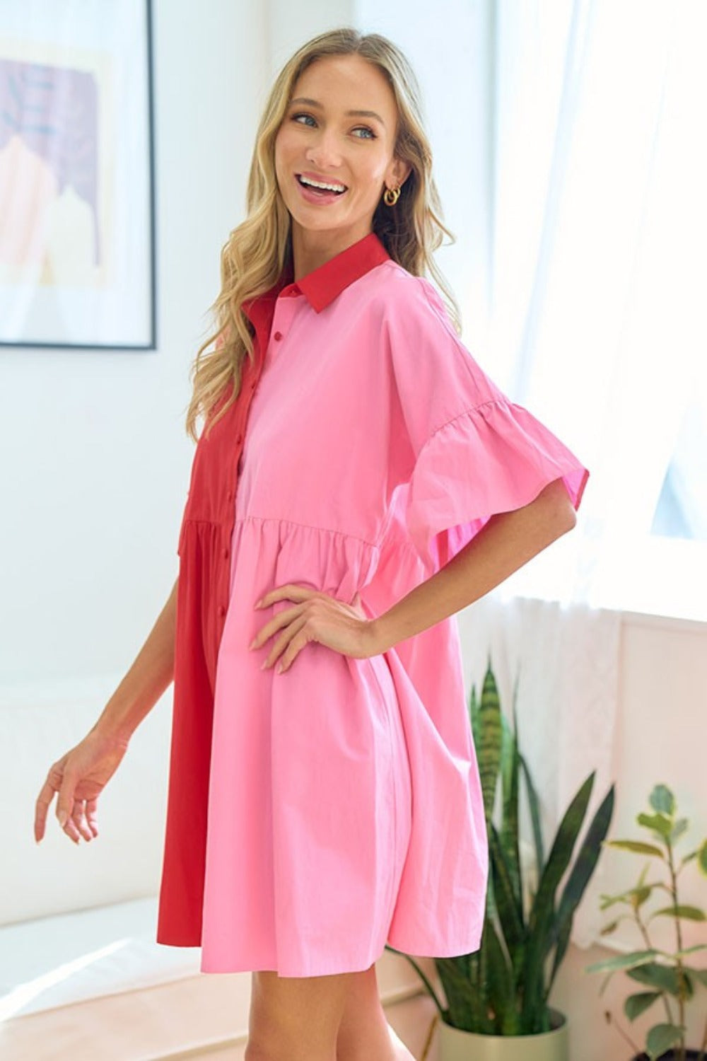 Color Blocked Button Down Babydoll Dress