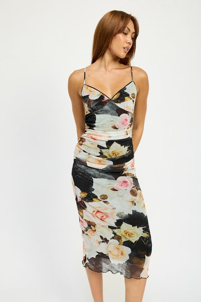 Floral Print Ruched Midi V-Neck Dress