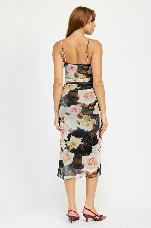 Floral Print Ruched Midi V-Neck Dress