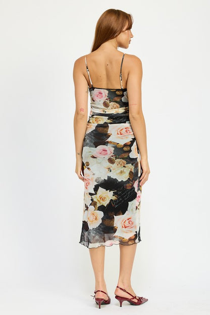 Floral Print Ruched Midi V-Neck Dress