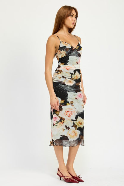 Floral Print Ruched Midi V-Neck Dress