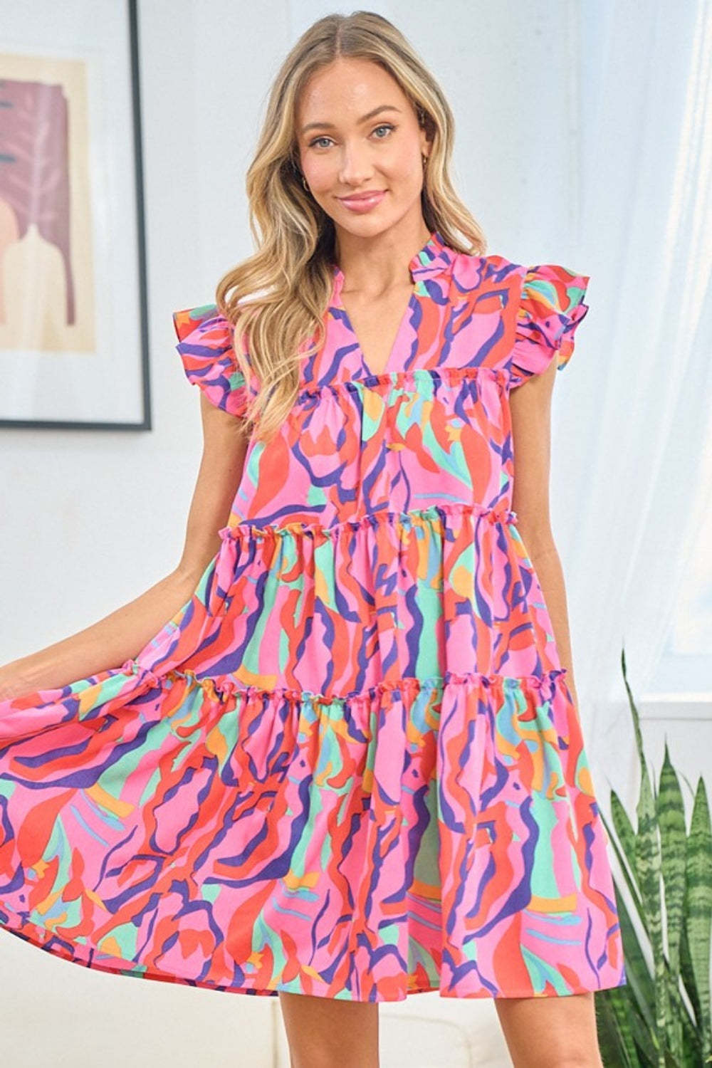 Printed Ruffle Cap Sleeve Tiered Dress