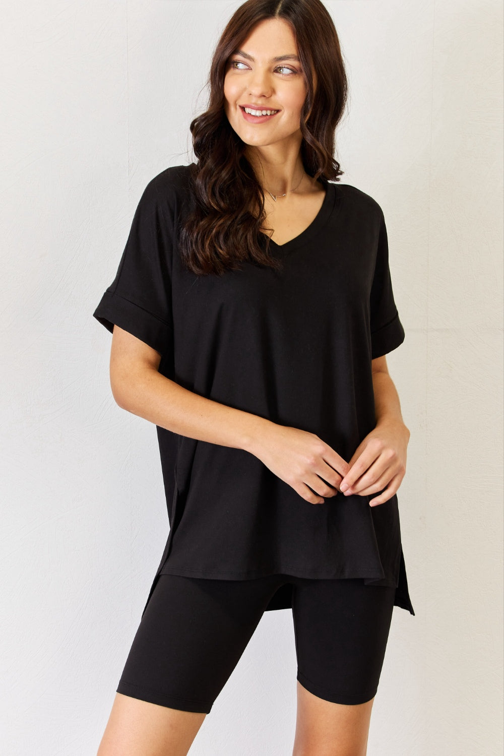 V-Neck Short Sleeve Slit T-Shirt and Shorts Set