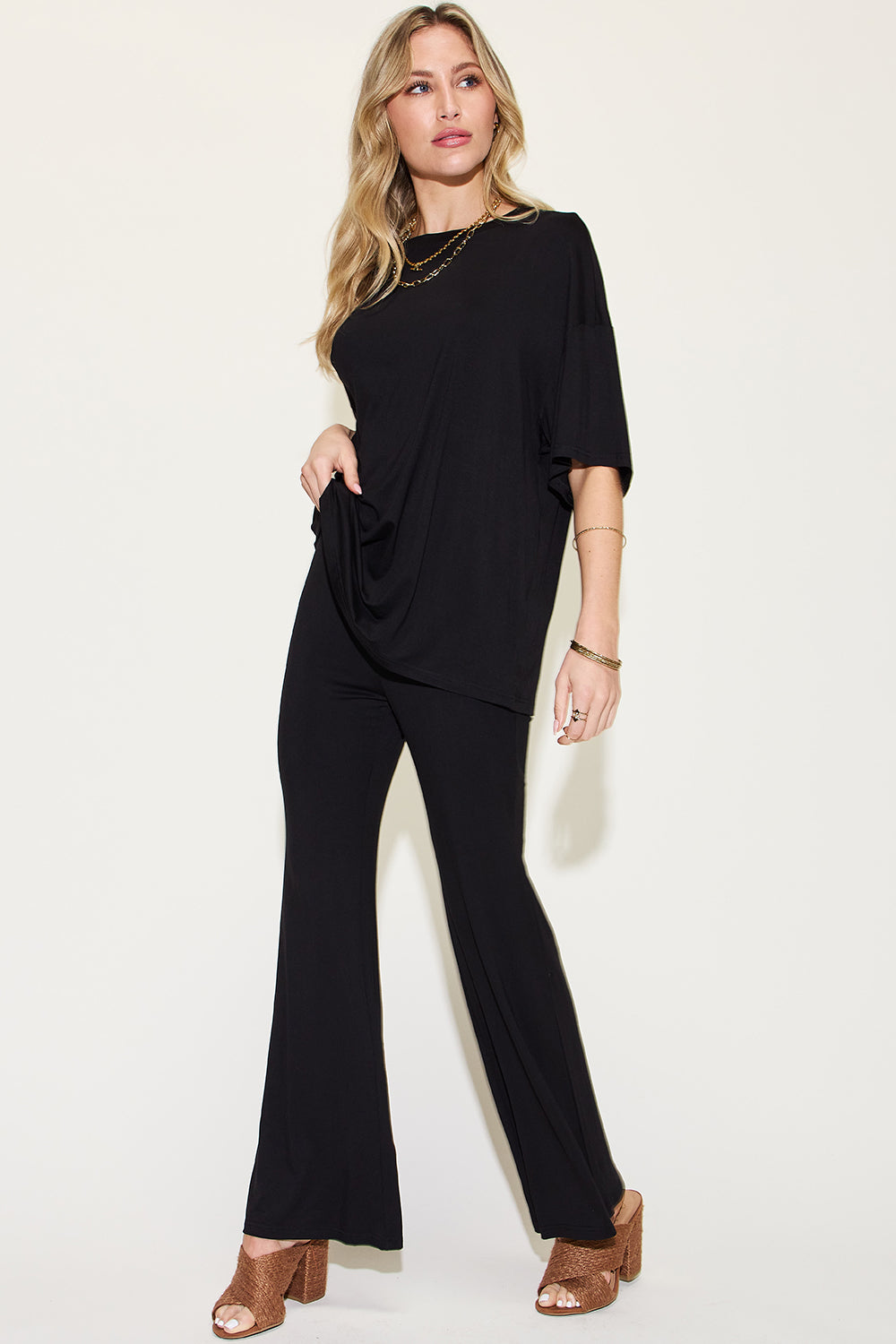 Drop Shoulder T-Shirt and Flare Pants Set