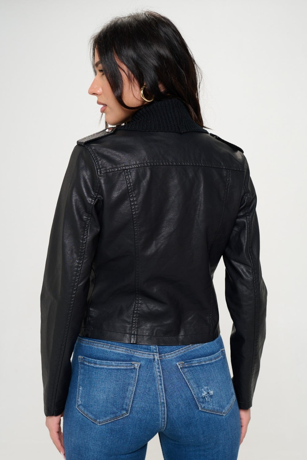 Knit Collared Faux Leather Crop Jacket