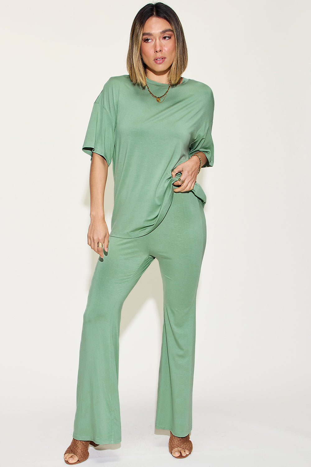 Drop Shoulder T-Shirt and Flare Pants Set