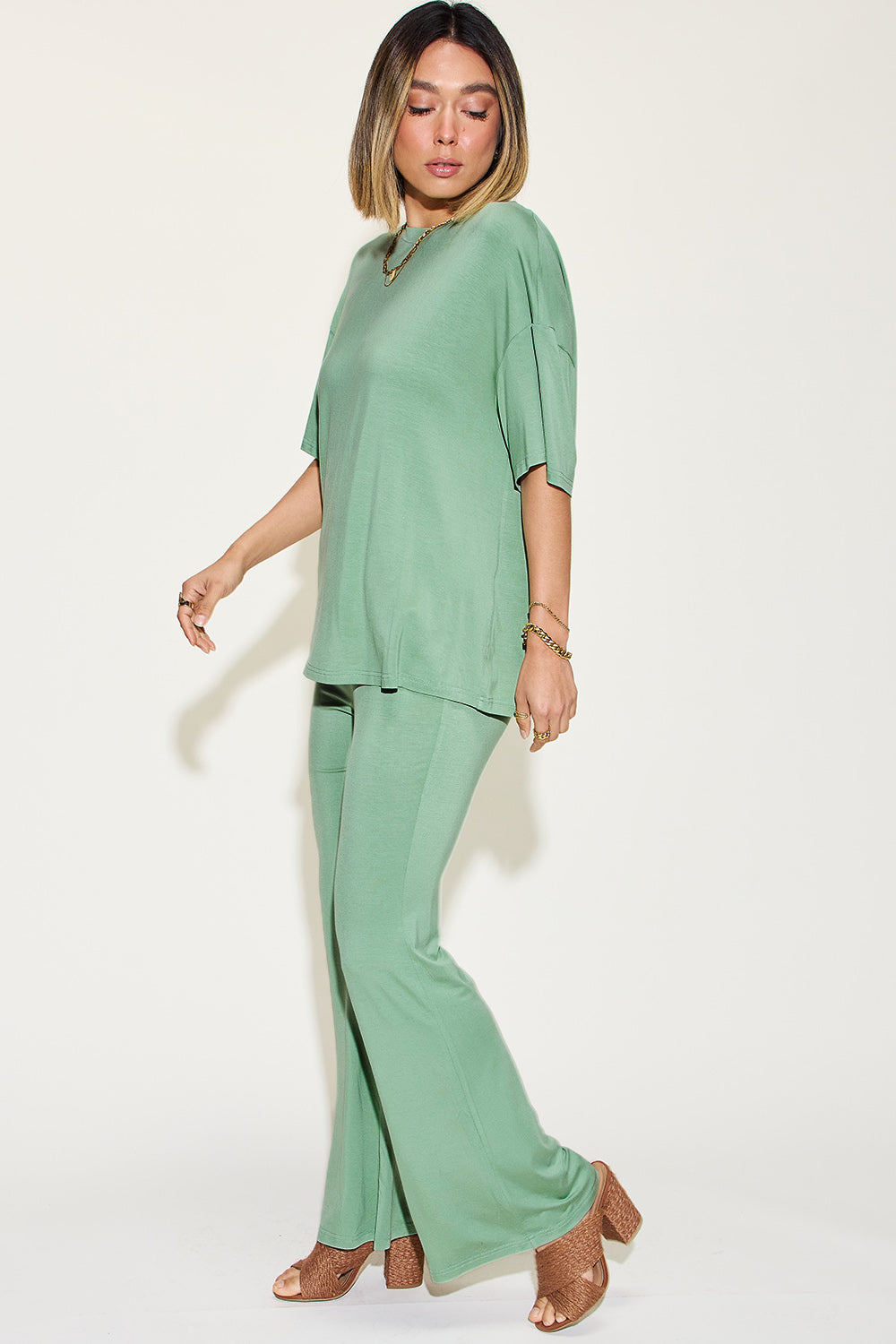 Drop Shoulder T-Shirt and Flare Pants Set