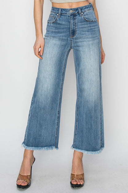 Raw Hem Cropped Wide Leg Jeans