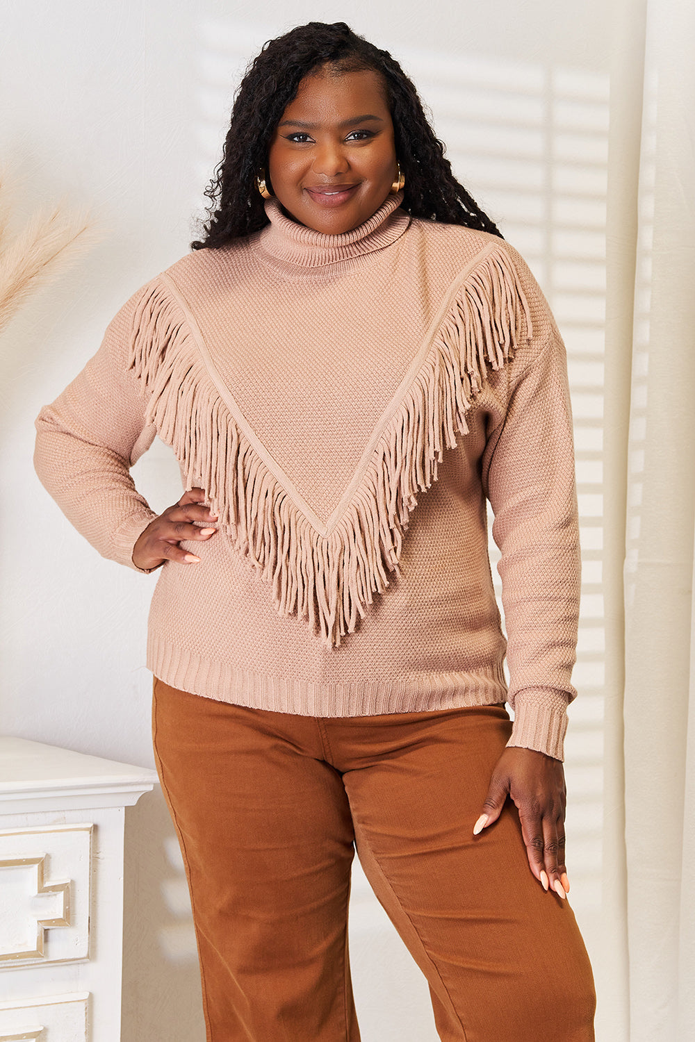 urtleneck Fringe Front Long Sleeve Sweater