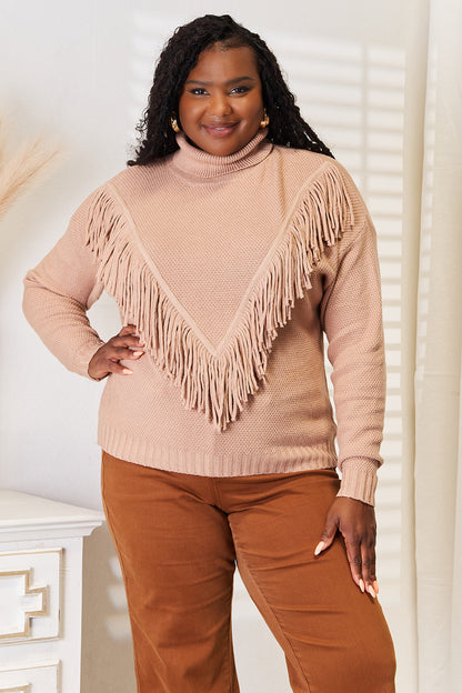 urtleneck Fringe Front Long Sleeve Sweater