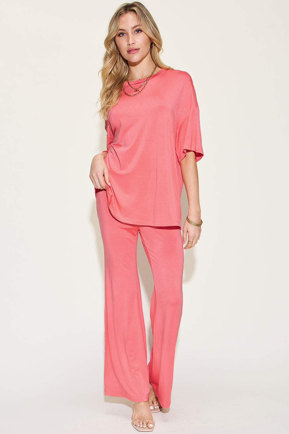 Drop Shoulder T-Shirt and Flare Pants Set