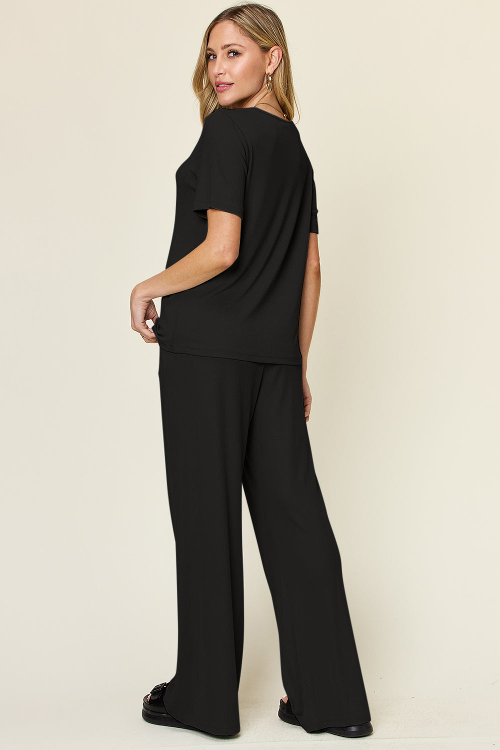 Round Neck Short Sleeve T-Shirt and Wide Leg Pants Set