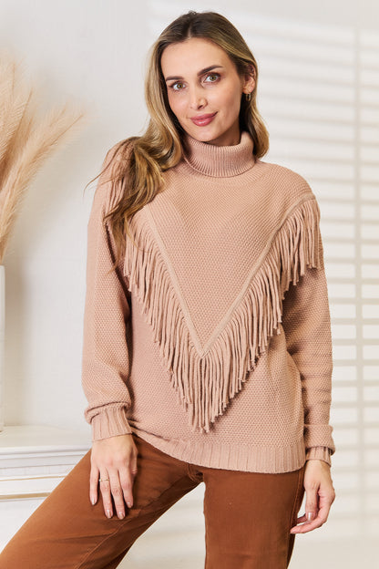 urtleneck Fringe Front Long Sleeve Sweater