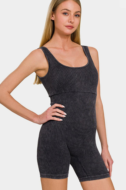 Washed Ribbed Romper with Pad