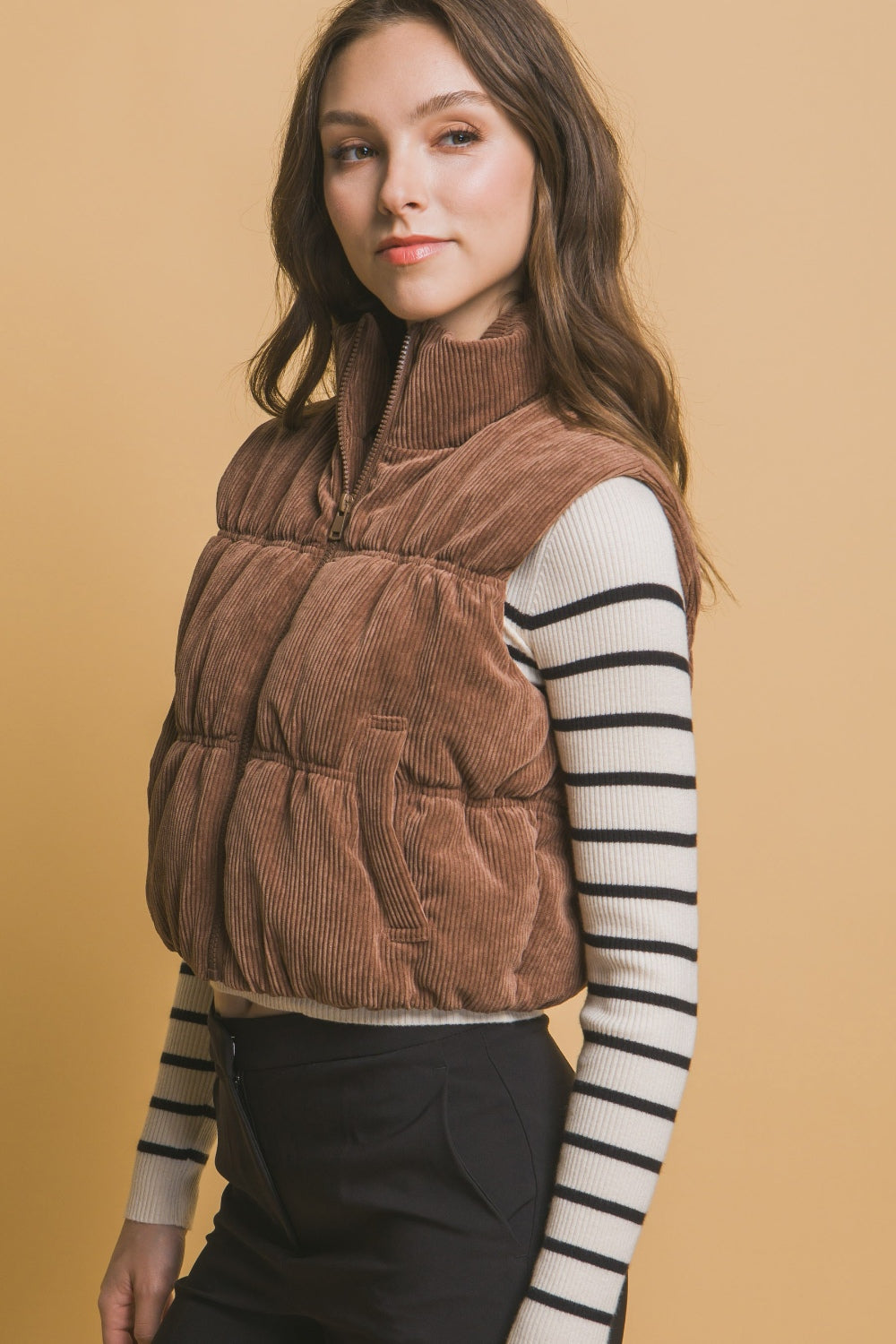 Corduroy Zip Up Puffer Vest with Pockets