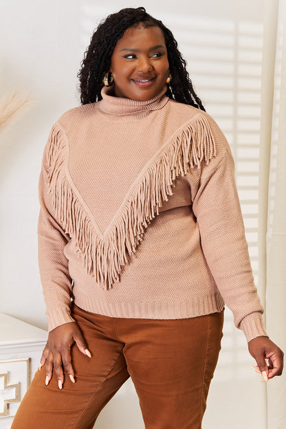 urtleneck Fringe Front Long Sleeve Sweater