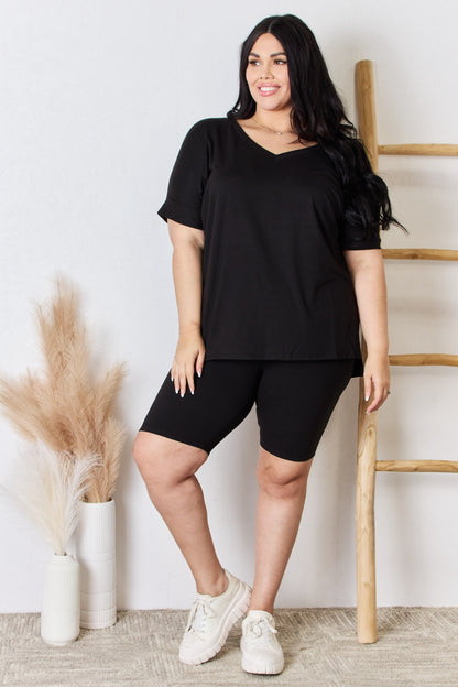 V-Neck Short Sleeve Slit T-Shirt and Shorts Set