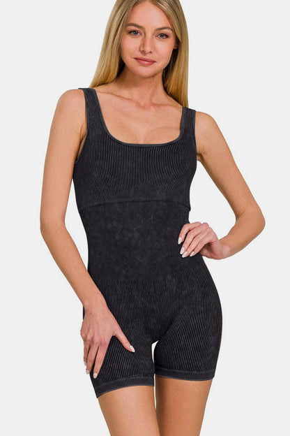 Washed Ribbed Romper with Pad