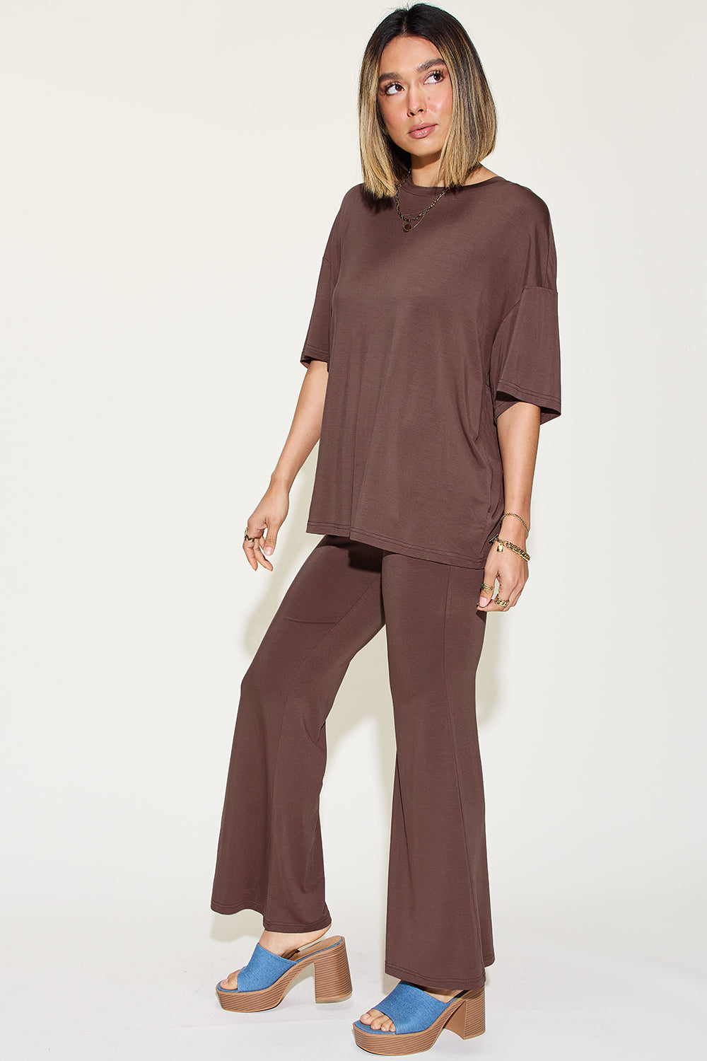 Drop Shoulder T-Shirt and Flare Pants Set