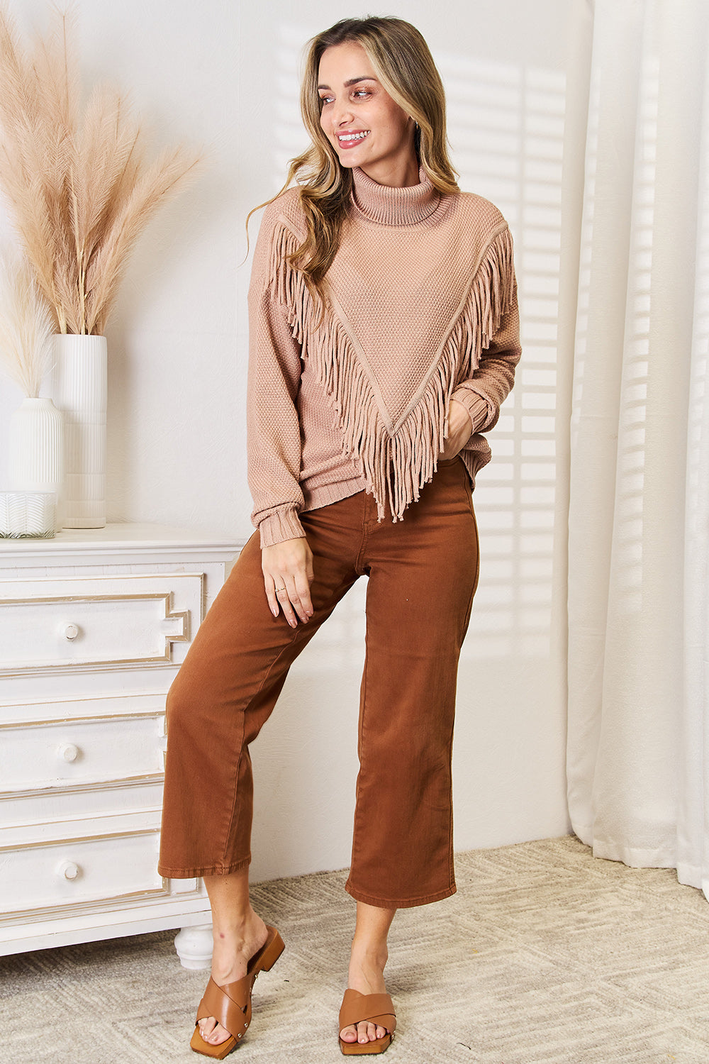 urtleneck Fringe Front Long Sleeve Sweater