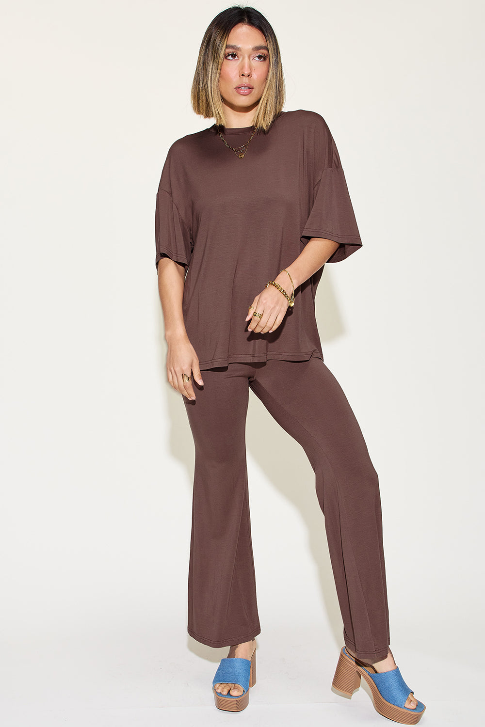 Drop Shoulder T-Shirt and Flare Pants Set