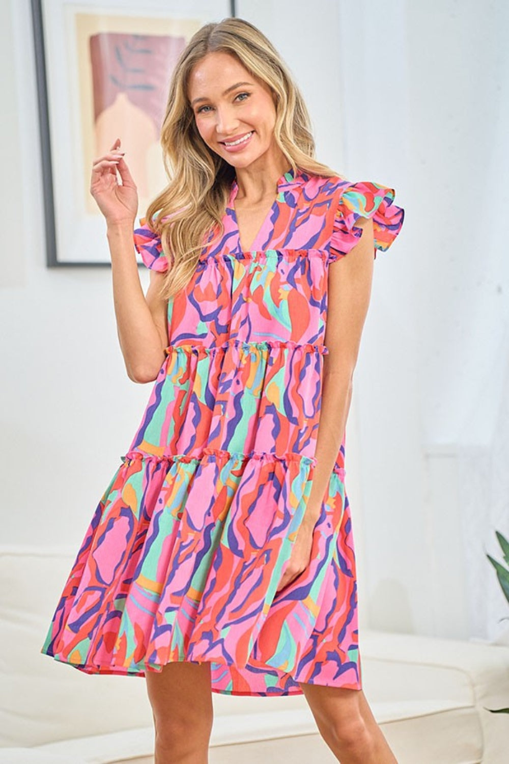 Printed Ruffle Cap Sleeve Tiered Dress