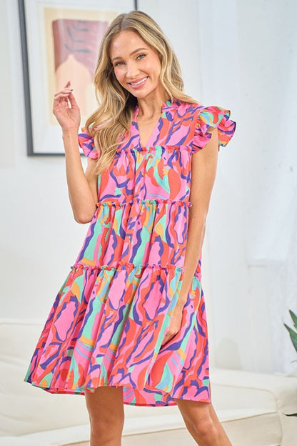 Printed Ruffle Cap Sleeve Tiered Dress