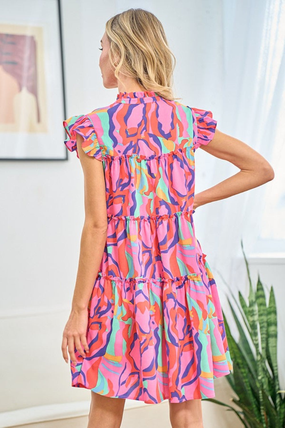 Printed Ruffle Cap Sleeve Tiered Dress