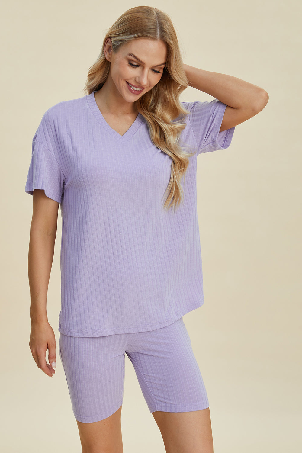 Ribbed V-Neck Short Sleeve Top and Shorts Set