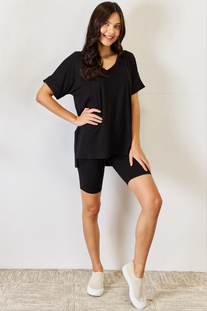 V-Neck Short Sleeve Slit T-Shirt and Shorts Set